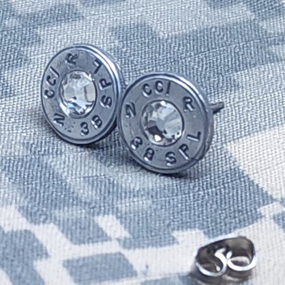 38 Special Caliber Silver Bullet Casings Clear Crystal Surgical Stud Earrings - Picture 1 of 4